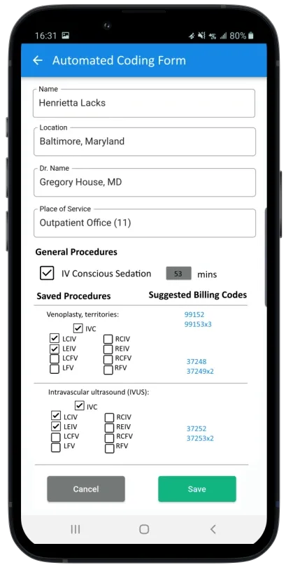 Medmio Automated Coding Form showing suggested billing codes